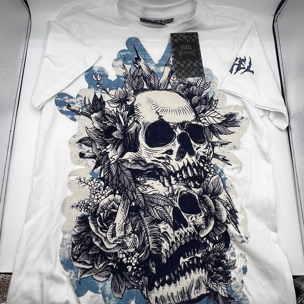 Rebel Vengeance Mens Skull Floral Velvet Graphic Print White T-Shirt‎ Small NWT